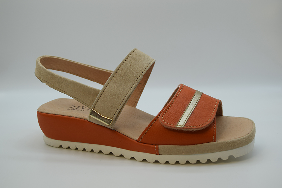 Ziviani Sandalo Bicolore Due  Fasce A  Velcro CA3078 Camoscio Beige Vitello Arancio